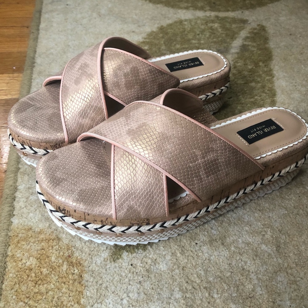 River Island Rose Gold Wide Fit Flatform Sandals